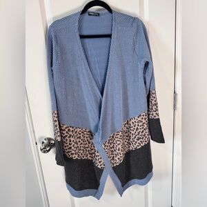 NWOT-HEIMISH USA Blue and Leopard Print Cardigan-Size Small